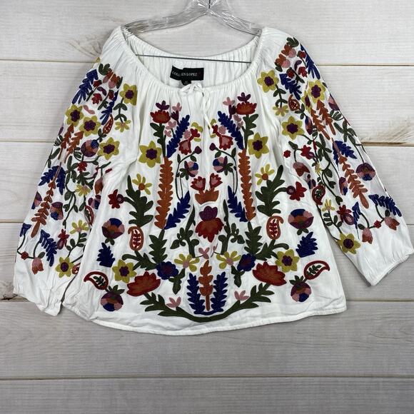 Colleen Lopez Tops - Colleen Lopez Top XS White Heavily Embroidered On/Off Shoulder Keyhole Long Slv